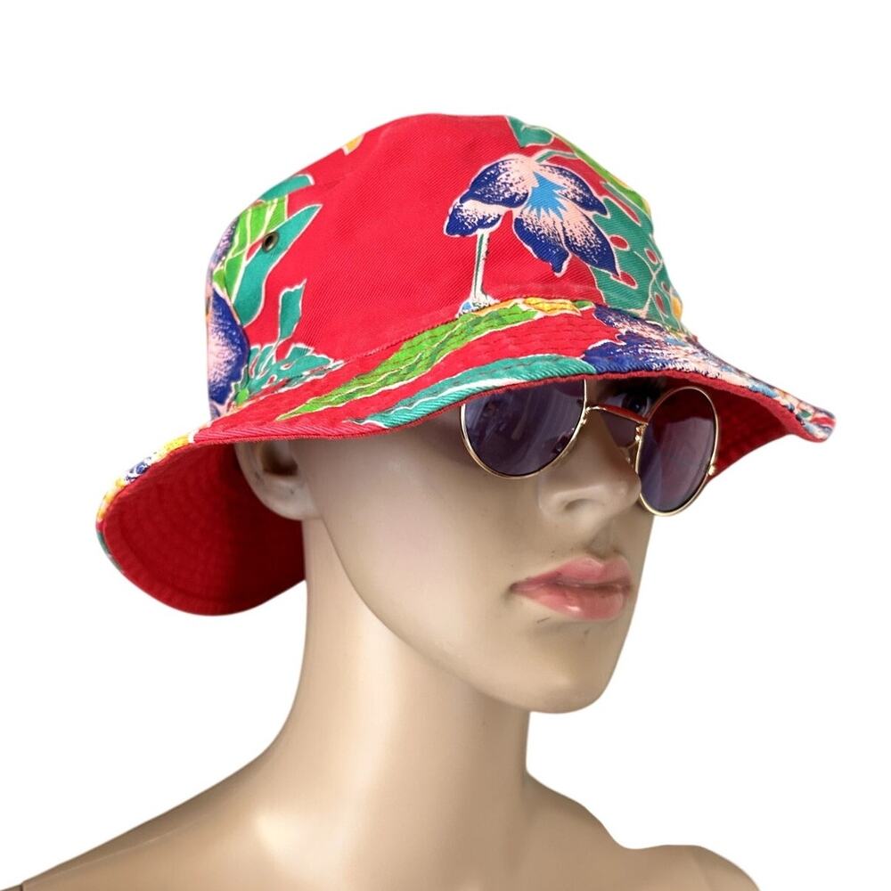Vintage AG Bucket Hat Cap Red Floral Boho Tropical Hawaiian Beach Summer Cotton